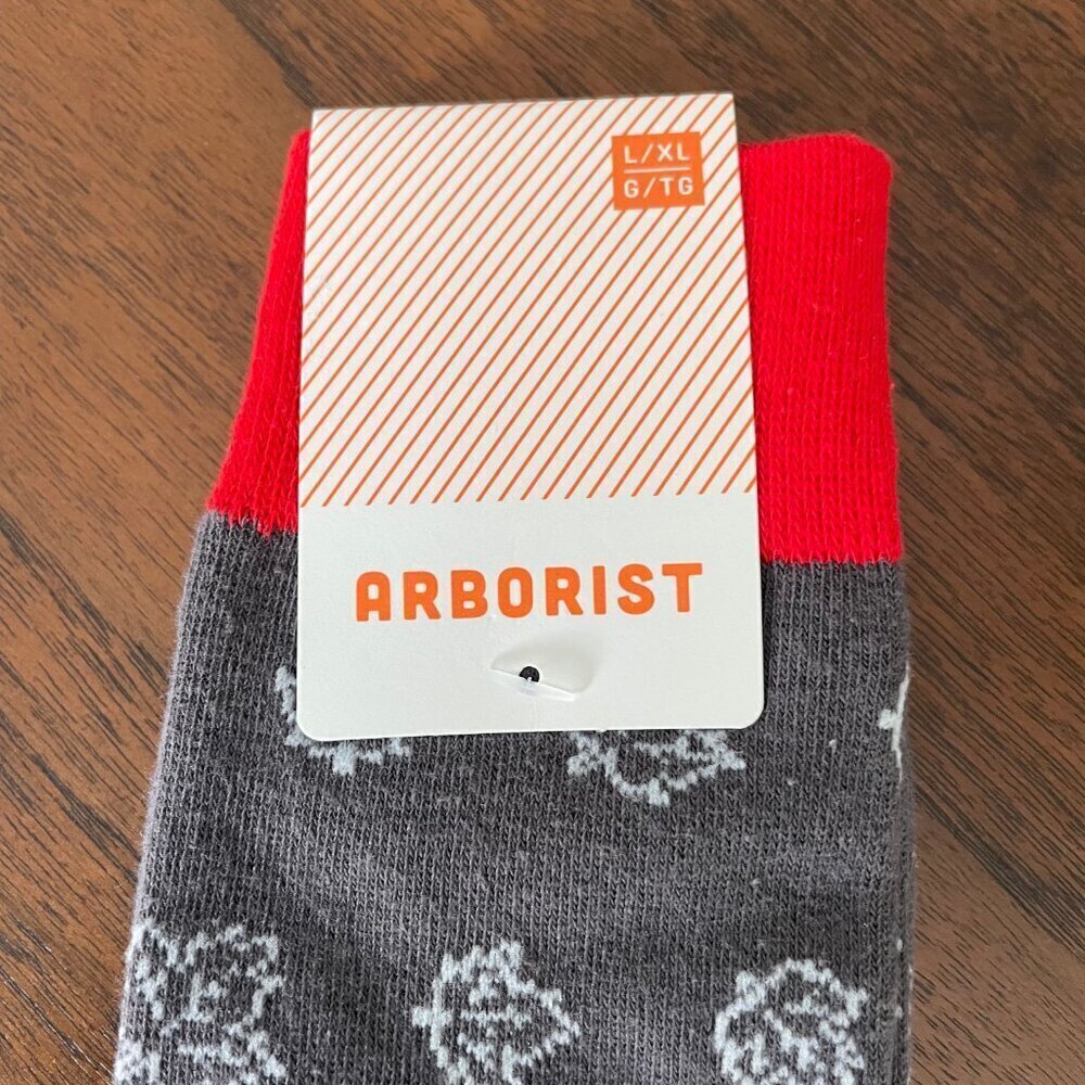 Arborist Maple Leaf Print Cotton Poly Blend Crew Socks Grey White Red Sz L/XL - Picture 2 of 5